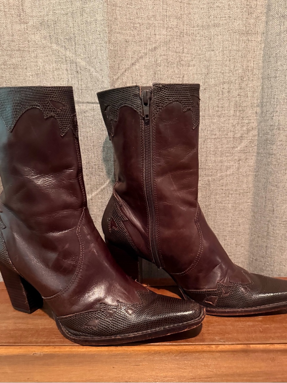 ANTONIO MELANI Dark Brown Leather Western-Style Mid-Calf Boots